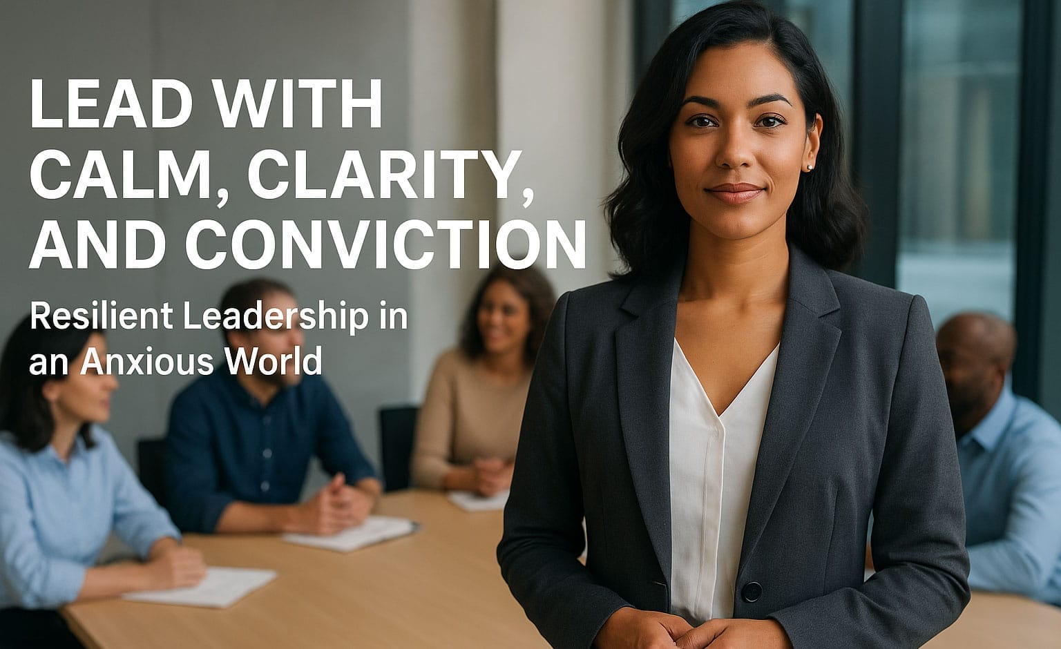 Calm confident leader guiding team, resilient leadership training course